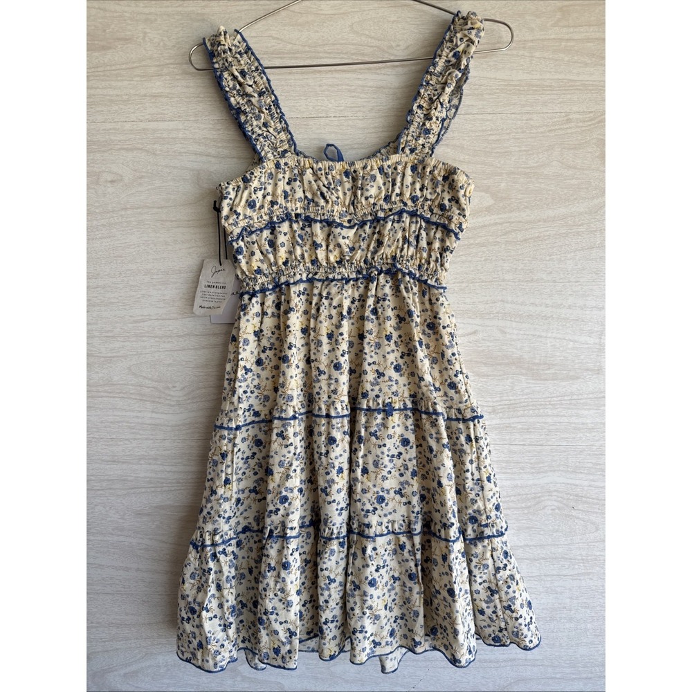 NWT JAPNA linen blend blue and white floral babydoll mini dress Sz XS - Picture 7 of 10